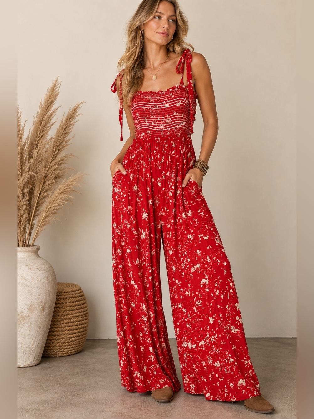 Free People Color My World Red Floral Wide Leg Boho Jumpsuit size Large